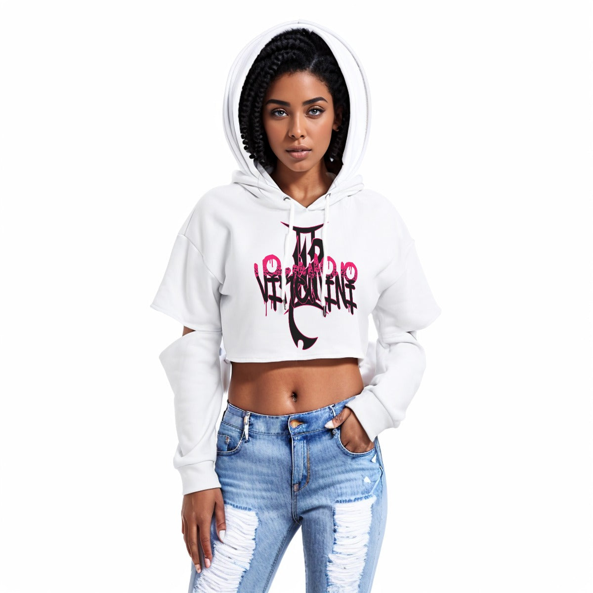 Women's White Heavy Fleece Hoodie With Hollow Out Sleeve Black and pink Logo