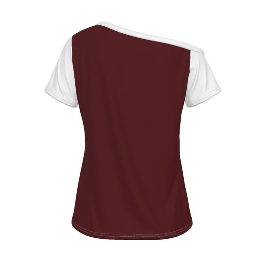 White and Burgundy  Women's Off-Shoulder T-shirt