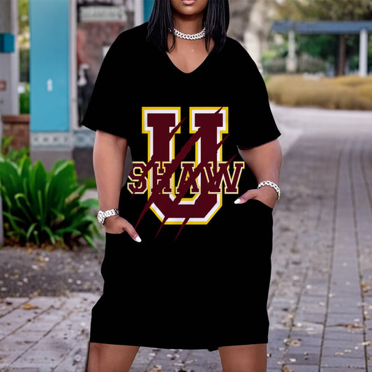 Black Women's V Neck Short Sleeve Dress |Plus Size