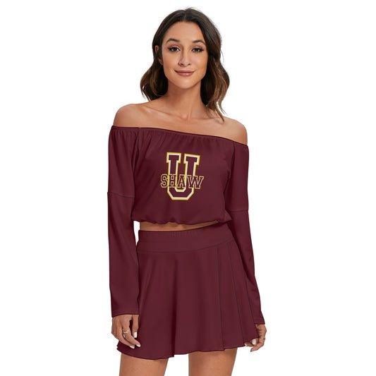 Burgundy Women's Off-shoulder Top And Skirt Set