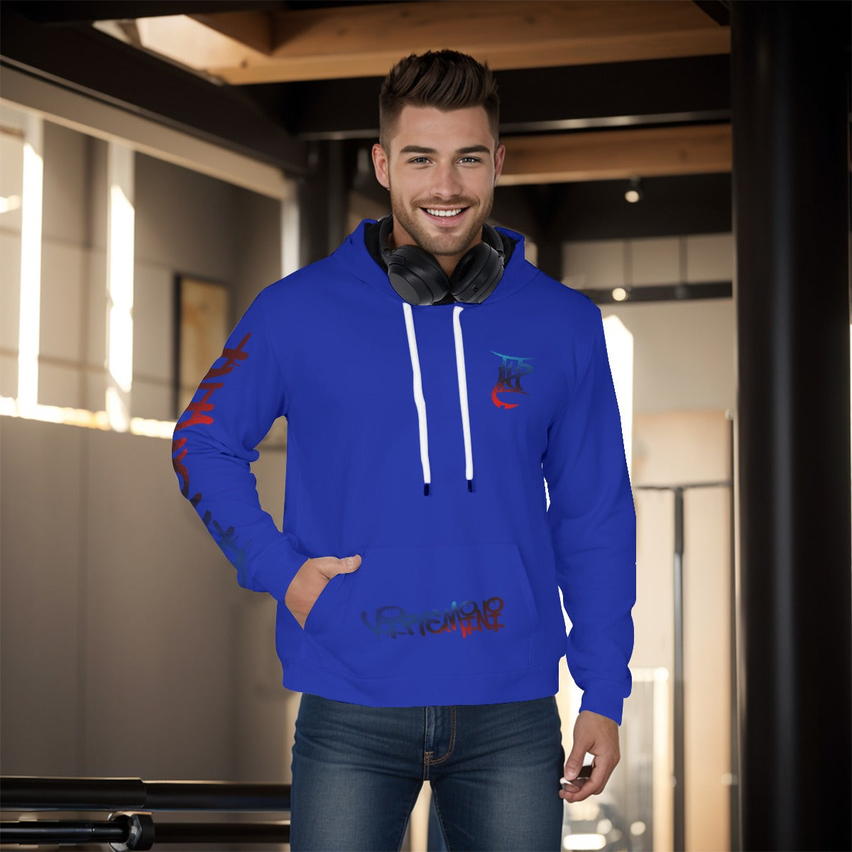 Men's Blue and Red Pullover Hoodie